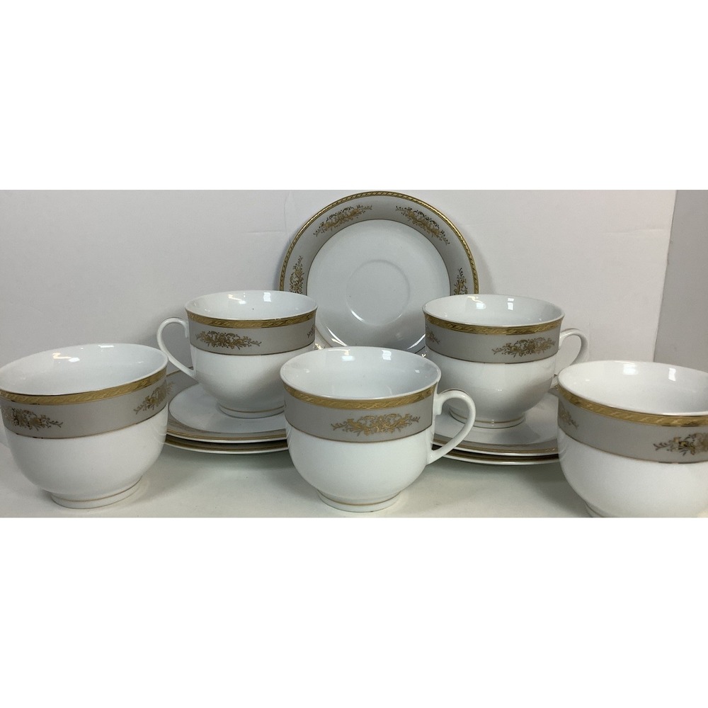 5 Vintage‎ Japanese Teacups & Saucers MKA 24K Gold Trim Mid-Century